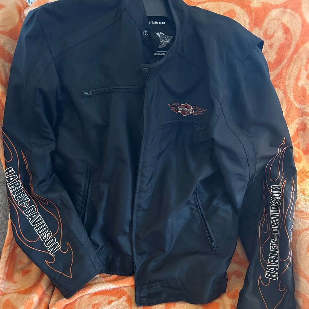 Harley-Davidson Black Bomber Jacket with Orange Accents. Men’s Jacket